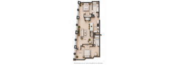 A floor plan of an apartment with a living room, kitchen, and bedrooms.
