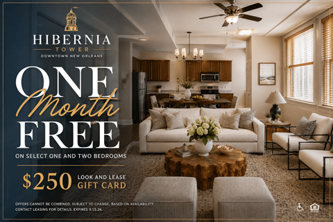 A promotional image for Hibernia Tower in New Orleans advertising a free month on select bedrooms.