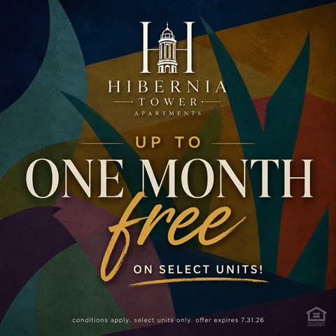 An advertisement for Hibernia Tower Apartments offering up to one month free on select units.