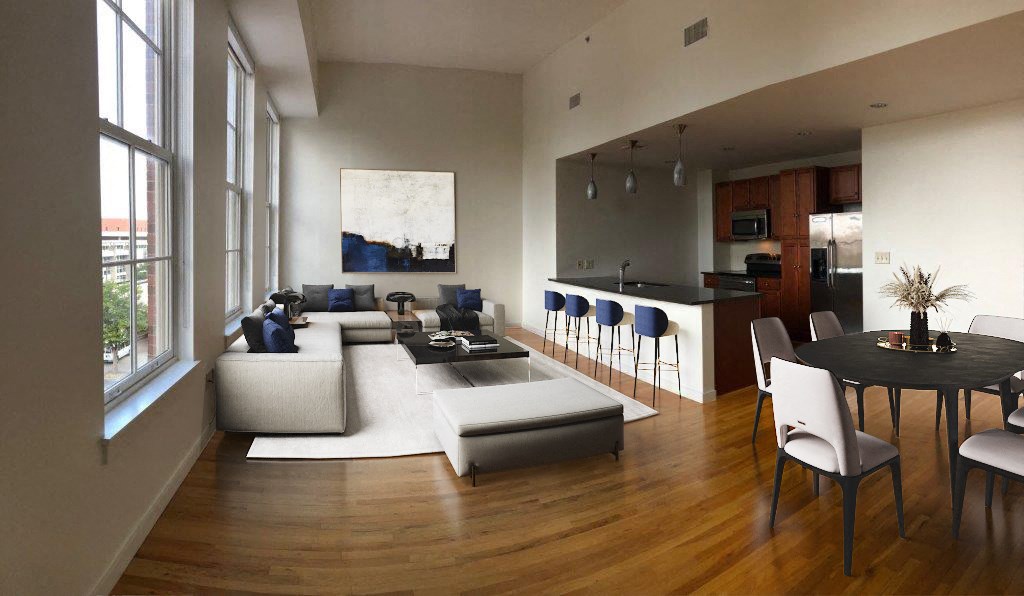 a living room with a couch and a table