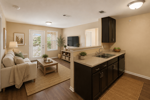 A living room with a couch, coffee table, and a kitchen area with a sink and cabinets.