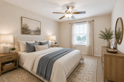 A bedroom with a large bed and a ceiling fan.