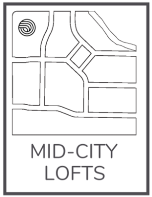 A black and white image of a map for Mid-City Lofts.