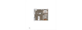 A floor plan of a house with a living room, kitchen, and dining area.