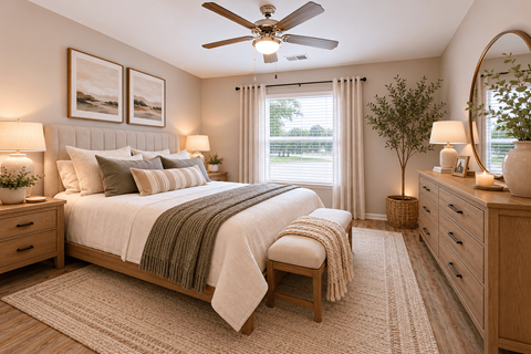 A bedroom with a bed, nightstands, and a ceiling fan.
