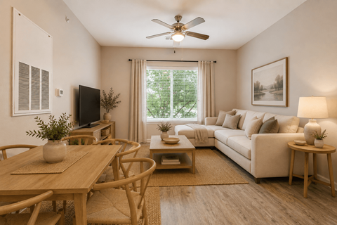 A living room with a wooden table and chairs, a couch, a television, and a painting on the wall.