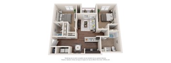 A 3D floor plan of a small apartment with a kitchen, living room, and bathroom.
