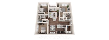 A 3D floor plan of a house with a kitchen, living room, dining room, and two bedrooms.
