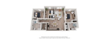 A 3D floor plan of a house with a kitchen, living room, dining room, and two bedrooms.