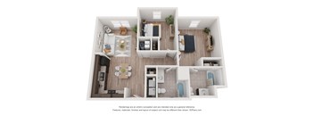 A 3D floor plan of a house with a kitchen, living room, and bathrooms.