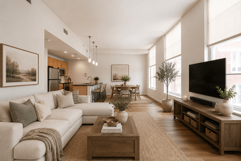 A living room with a white couch, a wooden coffee table, and a large window.