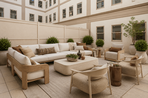 A patio with a white couch, chairs, and a coffee table.