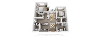 A 3D floor plan of a house with multiple rooms and furniture.