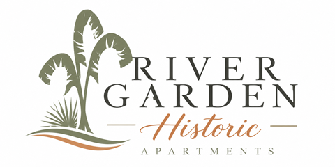 A logo for River Garden Historic Apartments featuring a plant.