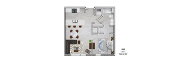 A floor plan of a 1 bedroom apartment with 107 square feet.