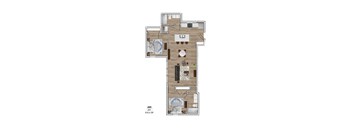 A floor plan of a house with a living room, dining room, kitchen, and two bedrooms.