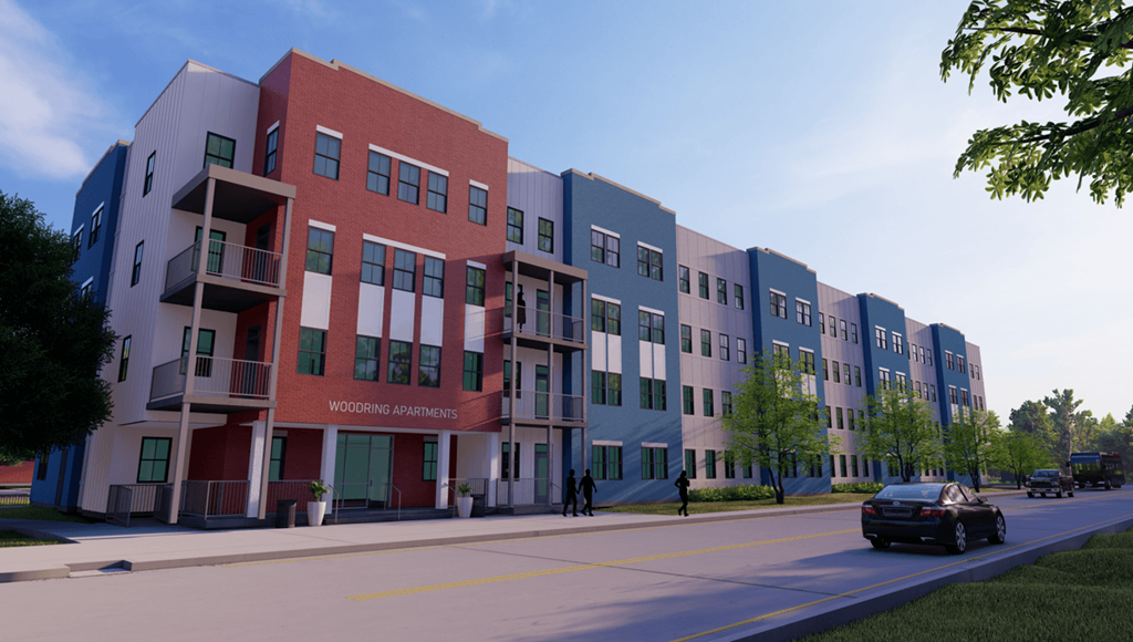a rendering of a new apartment building on a city street
