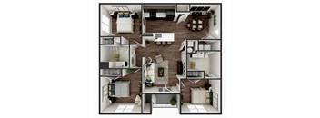 A top-down view of a small apartment layout with a kitchen, living room, and bedrooms.