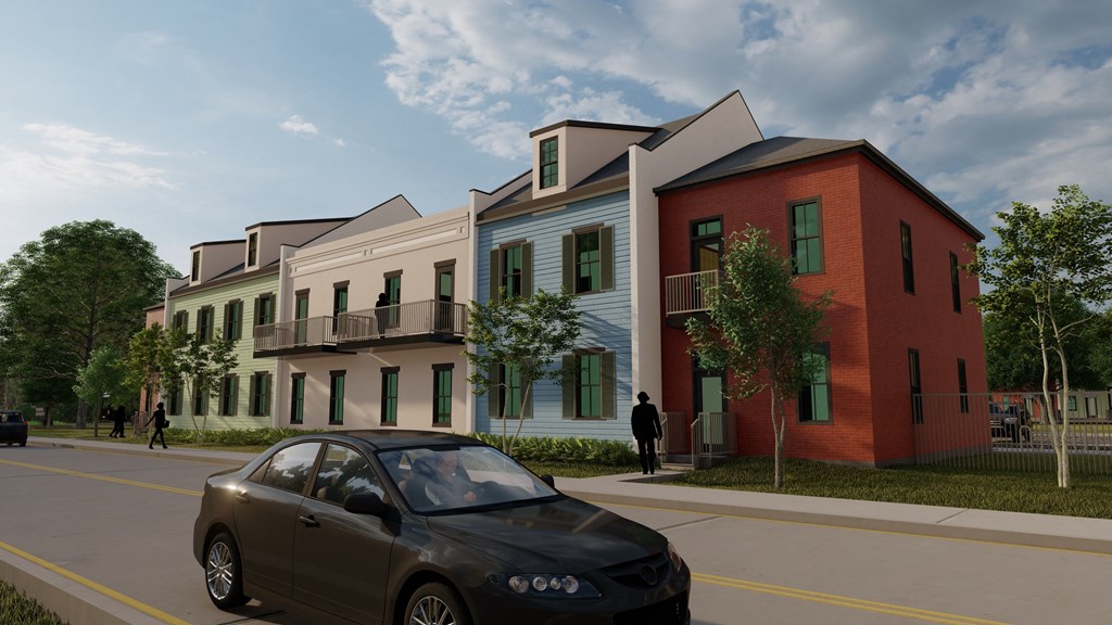 a rendering of a new apartment complex on a street with a car