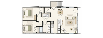 A floor plan of a house with a kitchen, living room, and two bedrooms.