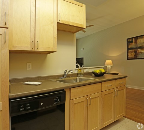A kitchen with wooden cabinets and a black oven.