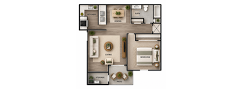 A floor plan of a house with a living room, dining room, kitchen, bathroom, bedroom, storage, and patio.