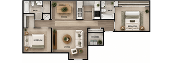 A floor plan of a house with a living room, dining room, kitchen, and multiple bedrooms.
