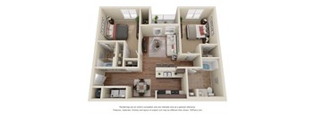 A 3D floor plan of a small apartment with a kitchen, living room, and bedrooms.