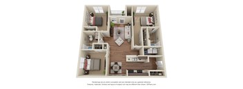 A 3D floor plan of a house with a kitchen, living room, and two bedrooms.