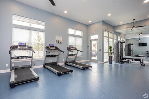 A spacious gym with treadmills and other exercise equipment.