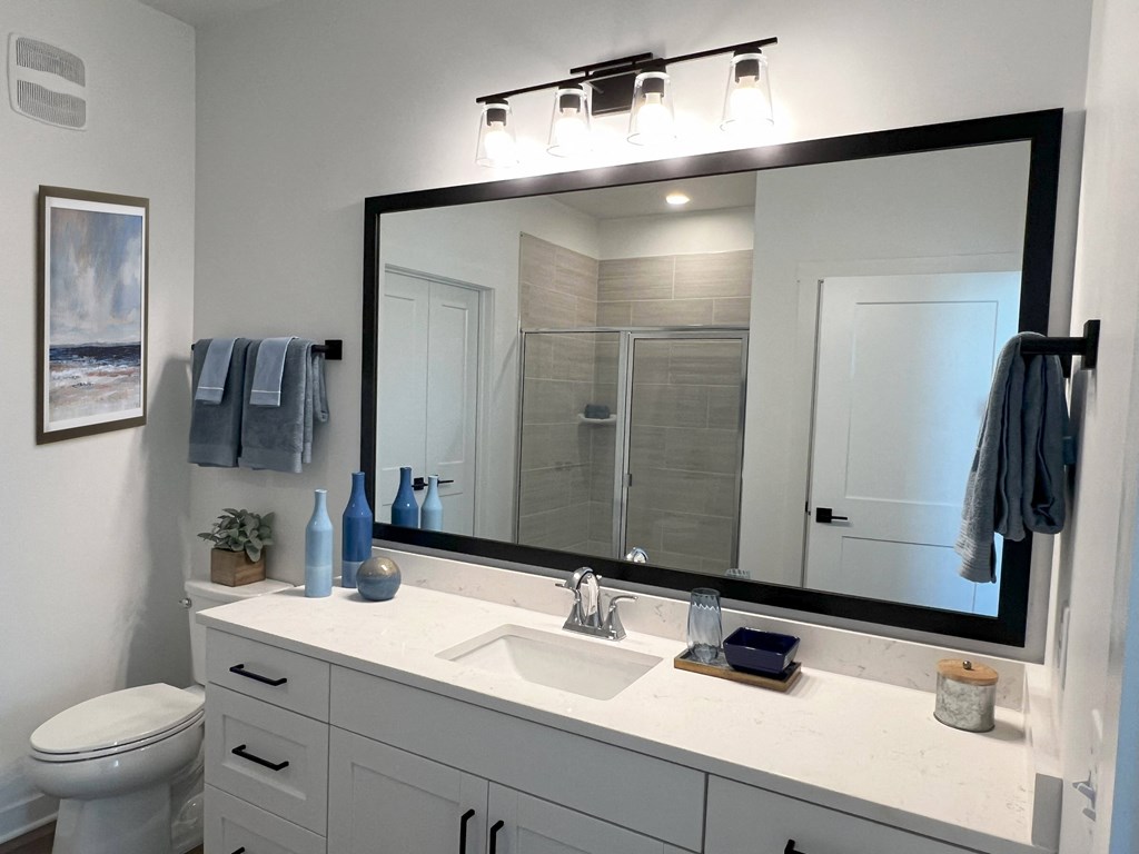 a bathroom with a large mirror and a sink and a toilet