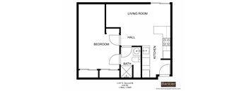 a floor plan of a studio apartment with a bathroom and a living room
