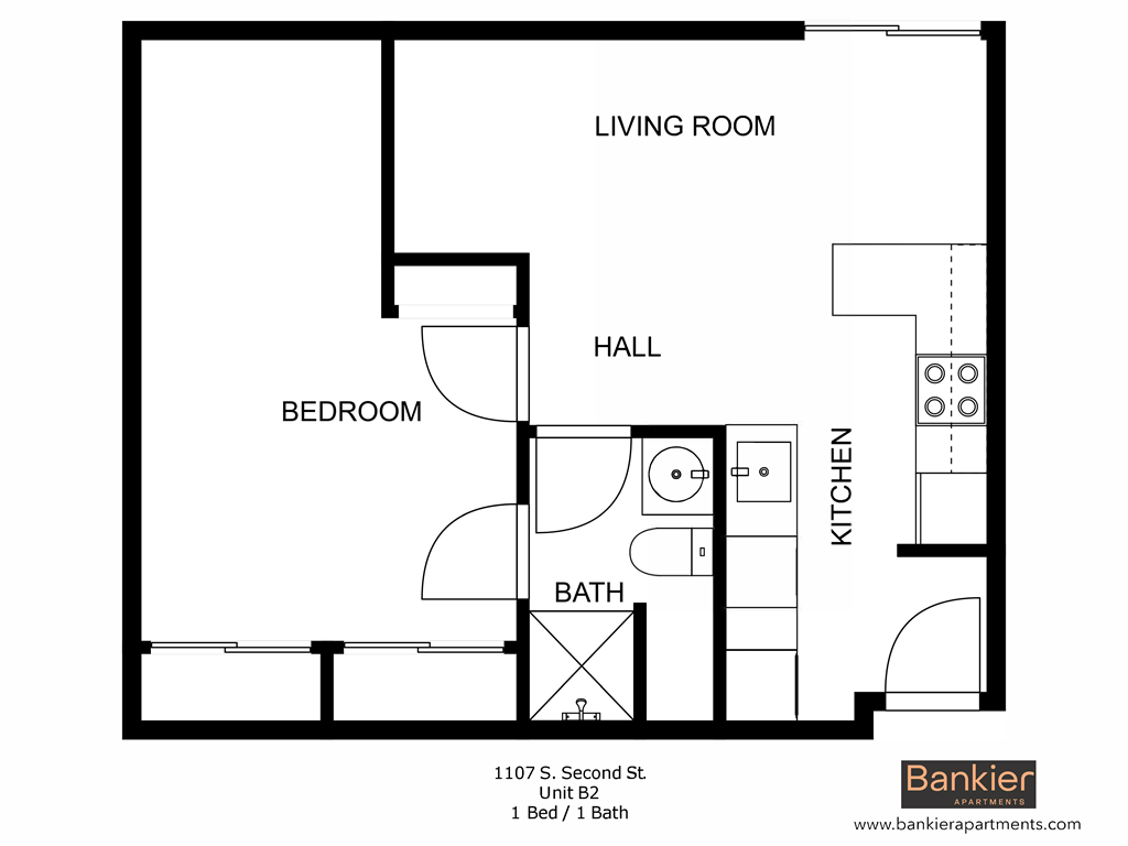 a floor plan of a studio apartment with a bathroom and a living room