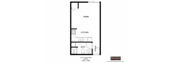 a floor plan of a studio apartment with a bathroom and a kitchen