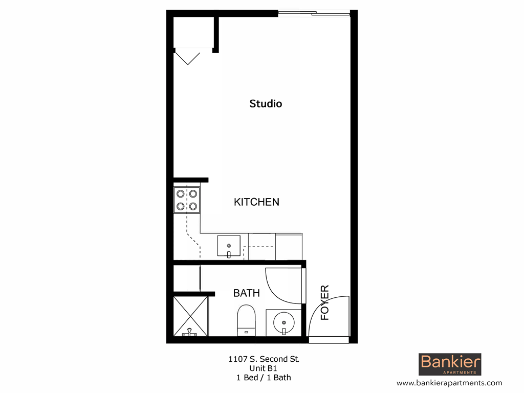 a floor plan of a studio apartment with a bathroom and a kitchen