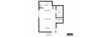 a floor plan of a studio apartment with a bedroom and a living room