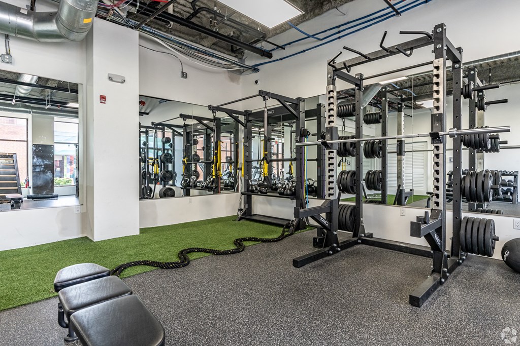 a gym with weights and cardio equipment in a building
