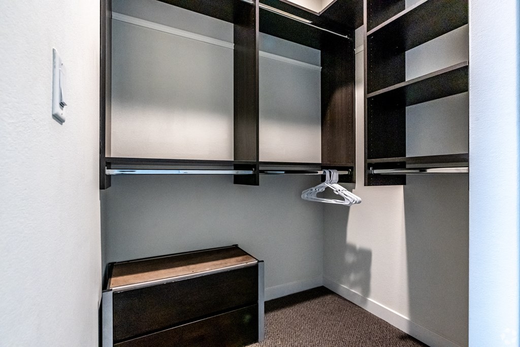a walk in closet with a dresser and mirrored closet doors