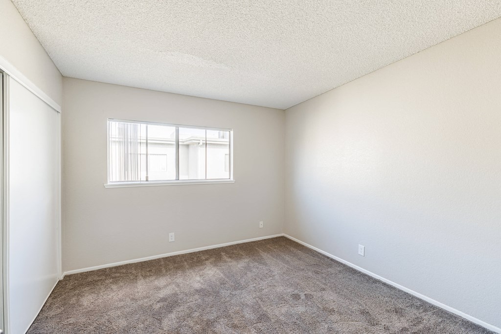 an empty room with carpet and a window