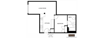 a floor plan of a living room with a bedroom and a kitchen