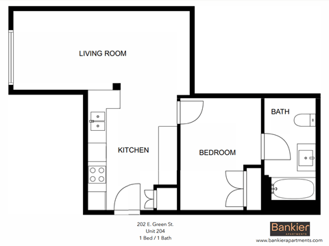 a floor plan of a living room with a bedroom and a kitchen