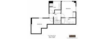 a floor plan of an apartment with a bedroom and a staircase
