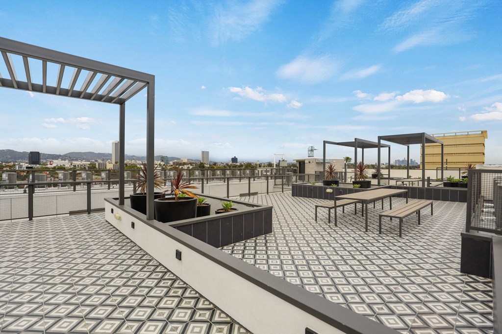 a view of the rooftop terrace of the apartment, architecture, building, condominium at The Fairfax Flats Apartments, Los Angeles, CA