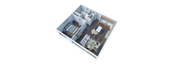 A 3D floor plan of a house with a kitchen, living room, and two bedrooms.