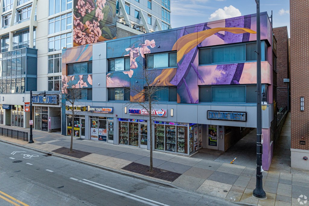 a building with a mural on it on the side of a street