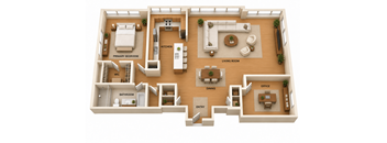 A 3D floor plan of a house showing the layout of the rooms.