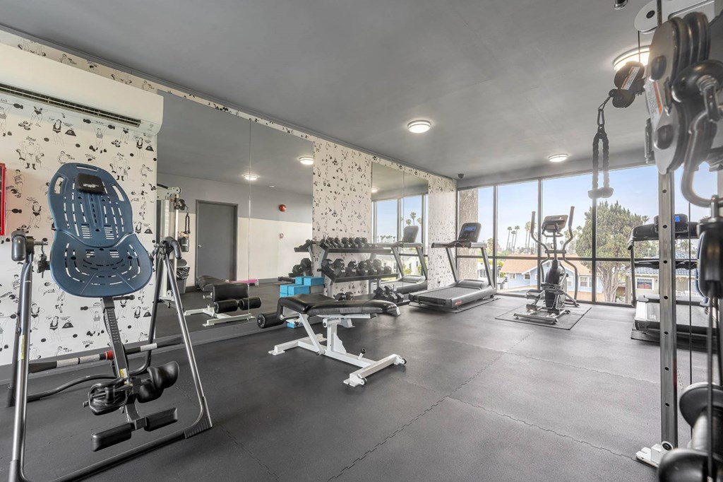 A spacious gym with a variety of equipment including a leg press machine at Lafayette Apartments, Los Angeles, CA, 90019
