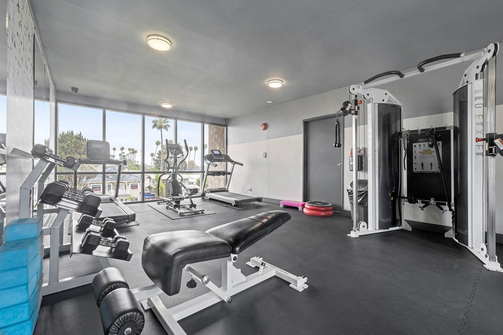 A well-equipped gym with a variety of machines and weights at Lafayette Apartments, Los Angeles, California