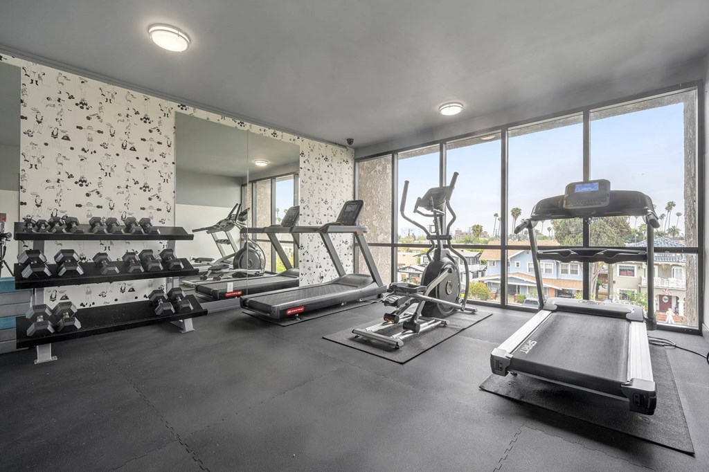 A well-equipped gym with a treadmill, weights, and exercise machines at Lafayette Apartments, California