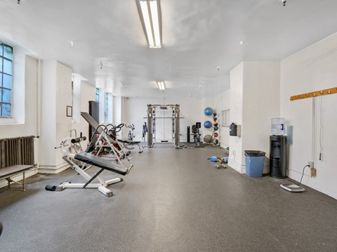 Fitness center at The Langham Apartments, California